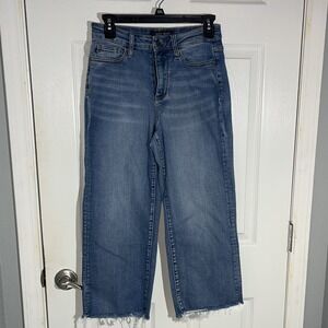 Judy Blue Wide Leg Crop Jeans Womens 3/26 Medium Wash Raw Hem High Rise